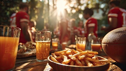 Friends gather for a game day celebration, food, drink, and football on a sunny day