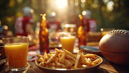 Close-up of a table laden with food and drinks as football players blur in the background