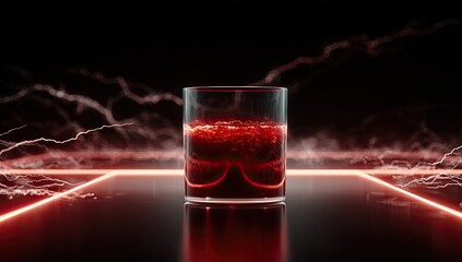 Dark aesthetic of a glowing red liquid in a clear glass, with red lightning and lines