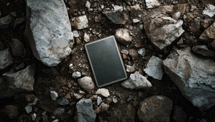 A rectangular object lies amidst scattered rocks and dirt, textured and earthy