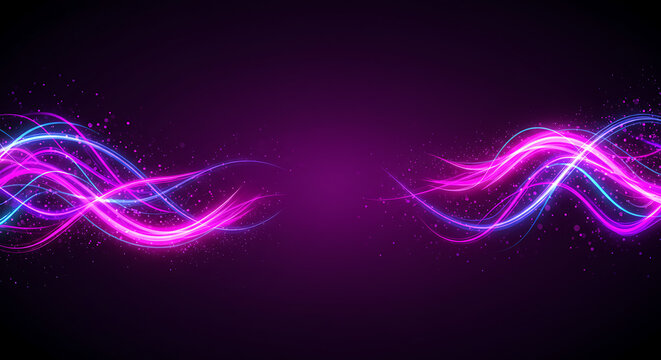 abstract neon light waves in pink and blue with glowing particles on dark purple background