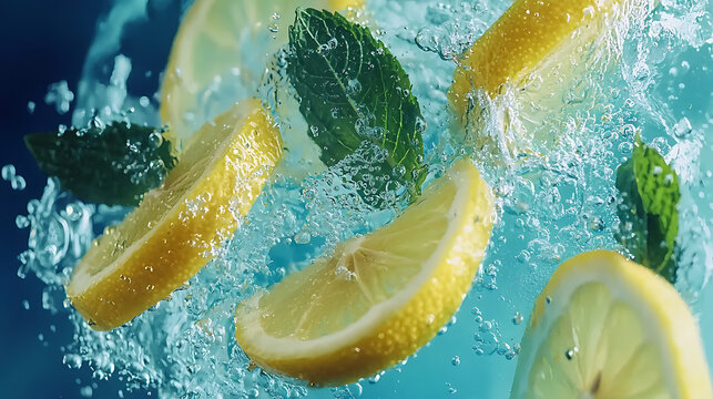 A splash of water with a few slices of lemon and mint leaves