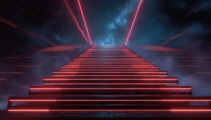 Futuristic, red-lit staircase ascends into a starry cosmos. Nebulous, dreamy atmosphere, vaporous