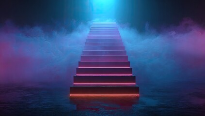 A neon-lit staircase ascends into a bright void against a backdrop of swirling fog