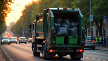 Garbage truck collects black refuse sacks from city street. Waste removal vehicle carries trash bags on busy road. Environmental service vehicle operates during daytime.