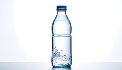 A clear plastic bottle filled with water, against a bright white background. The bottle has a blue cap and the water shows bubbles