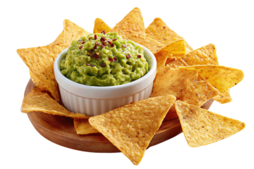 Triangular nacho chips arranged in a fan around a ceramic ramekin filled with chunky guacamole, golden crisp texture and chili flake garnish, isolated on transparent background.
