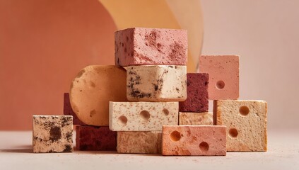 Pastel-colored, square blocks with holes stacked in an artsy arrangement against a peach backdrop