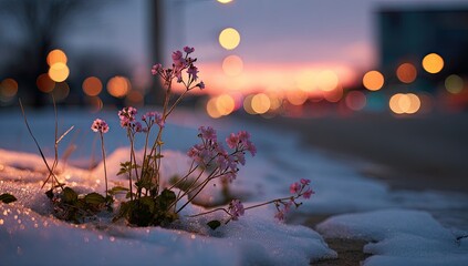 Delicate pink flowers emerge from snow at dusk, streetlights blurred in the background