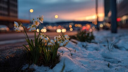 Delicate white spring blossoms bloom next to a snow-covered curb with a soft bokeh city backdrop