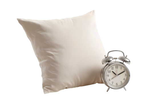 Soft square off-white pillow beside a satin-chrome twin-bell alarm clock, both angled gently toward each other, cozy and minimal composition, isolated on transparent background.
