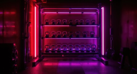 Obraz premium Neon Lit Dumbbell Rack in Gym.