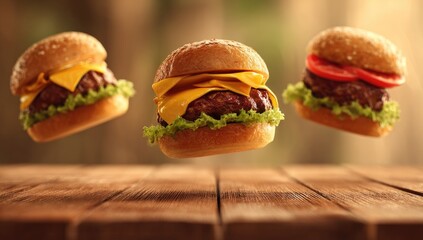 Three gourmet burgers levitate over a rustic wooden table with lettuce, cheese, tomato, and buns