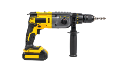 A yellow and black cordless drill with a drill bit on a white background.