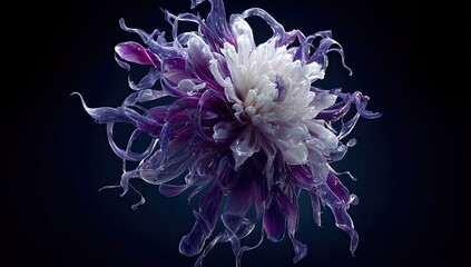 A vibrant, surreal bloom with layered petals, iridescent tendrils against a dark, gradient backdrop