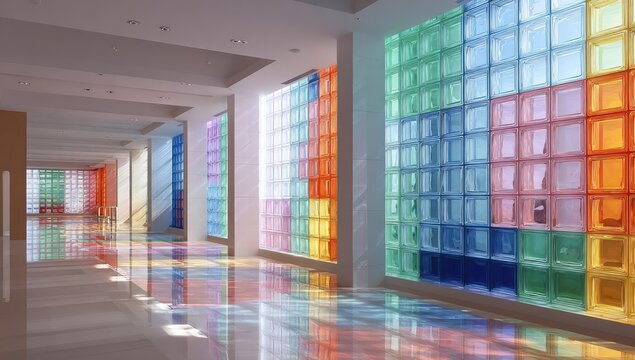 A long interior hallway with colorful glass brick walls and sunlight