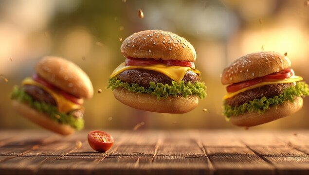 Three burgers in mid-air with tomatoes and sesame buns on a rustic wood surface