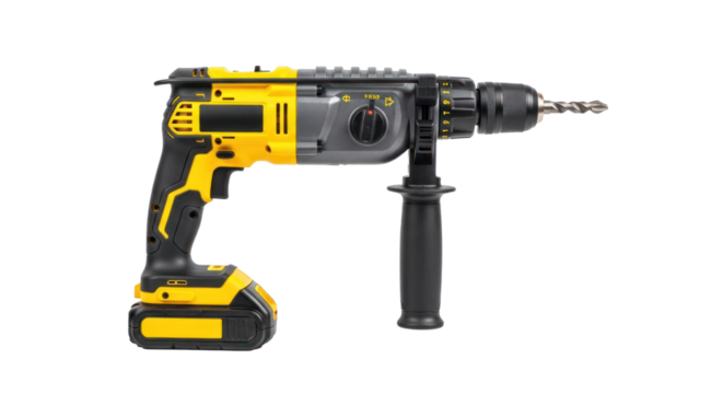 A yellow and black cordless drill with a drill bit on a white background.