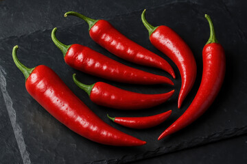 Frische rote Chilischoten auf Schieferplatte