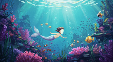 Magical girl as a mermaid swimming among vibrant coral reefs