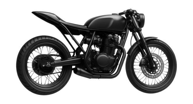 Bare motorcycle featuring a elevated rear fender and spoke wheels.