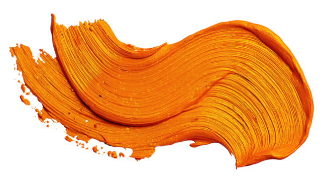 Wide painterly swipe of thick pumpkin-orange acrylic with palette-knife ridges and granular pigment texture, overlapping strokes forming a soft arc, isolated on transparent background.
