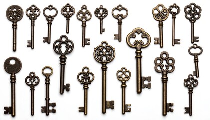 A collection of antique-style keys, each with unique designs, scattered on a stark white background. A variety of shapes and sizes are present