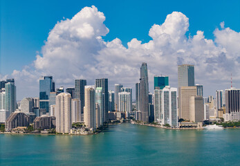 Scenic panorama of Miami financial district. Brickell in Miami city. Miami Urban landscape with iconic buildings. Miami cityscape.