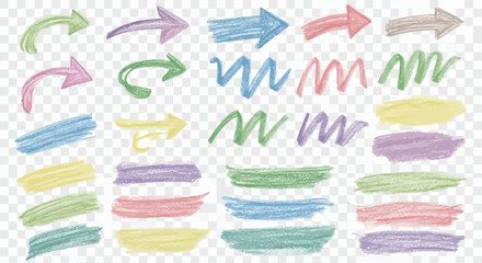 Vector art of hand drawn colorful arrows and scribbles collection on transparent background for creative design elements