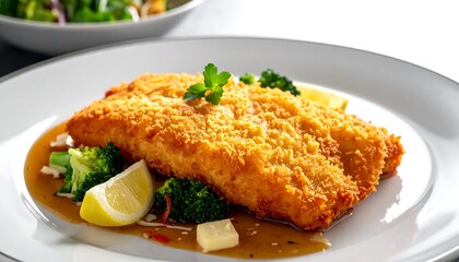 A close-up of a breaded, golden-brown fish fillet on a white plate, garnished with broccoli, lemon, and parsley. The dish sits on a sauce