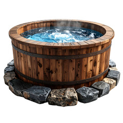 Fototapeta premium A wooden hot tub with bubbly water, surrounded by stone. Steam rises gently