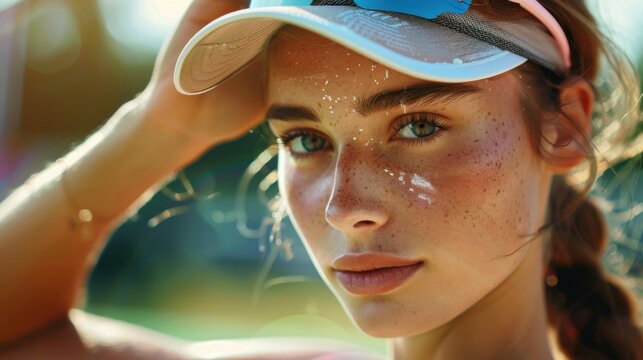 close-up of a female players hand adjusting her visor, bright outdoor court