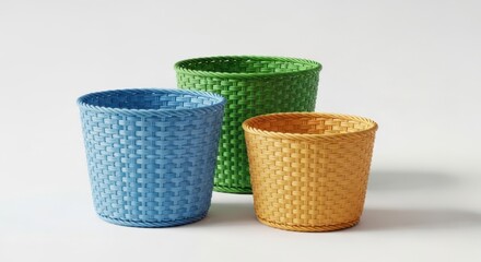 Three colorful woven textured cylindrical cups in blue green and orange on a white background