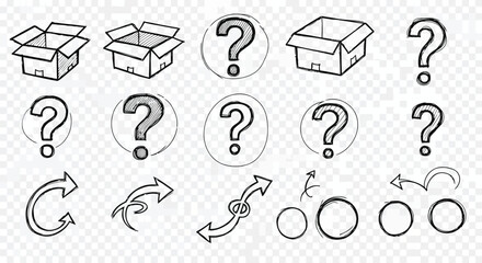 Vector art of hand drawn doodle elements of box, question mark, and arrow for design use