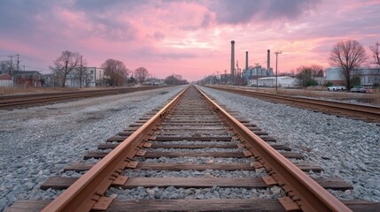 Fototapeta premium Serene Sunset Over Empty Railroad Tracks Leading to Industrial Horizon Under Colorful Sky at Dusk in a Tranquil Urban Landscape