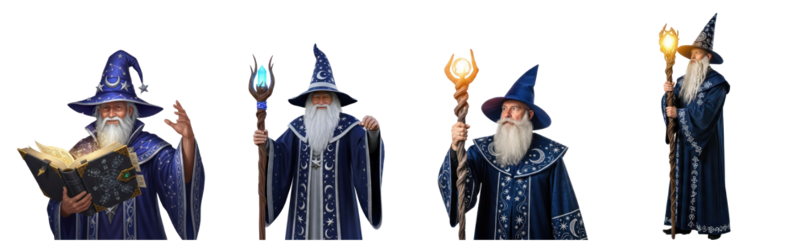 A wizard holding a staff with a glowing orb in his hand. The wizard is wearing a blue robe with intricate designs and a pointed hat. The background is plain white.