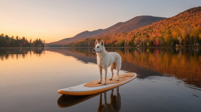 Majestic White Dog Standing on Paddleboard at Peaceful Lake During Colorful Sunset Surrounded by Vibrant Autumn Foliage and Serene Mountains - Powered by Adobe