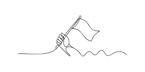 Hand holding flag on continuous line