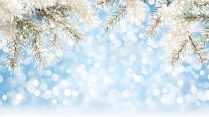 Winter Wonderland Scene: Delicate, frost-kissed fir branches frame a soft, blurred backdrop of shimmering bokeh lights, evoking a sense of serene, cold winter enchantment.