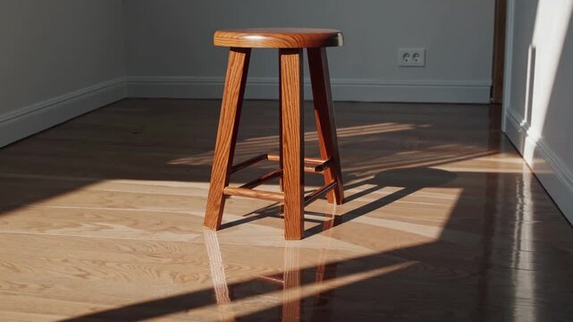 A wooden stool in an empty room, captured from a low angle. Sunlight casts shadows on the floor, creating a serene, minimalist video scene.