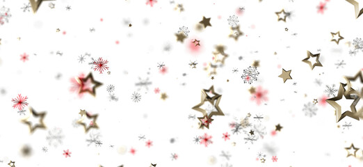 Beautiful Christmas background with falling gold stars and delicate snowflakes on a white backdrop. Ideal for holiday greeting cards, festive de