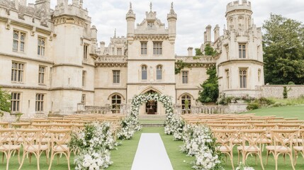 Castle Wedding Ceremony: A fairytale wedding unfolds at an enchanting castle, decorated with elegant floral arrangements and wooden chairs, set against a lush green lawn.