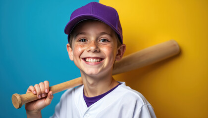 Cheerful boy with freckles smiles holding baseball bat. Young athlete wearing cap jersey. Colorful background sets a positive mood. Childhood joy is present in sport. Boy ready to play game.