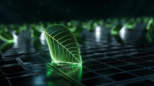 Glowing Leaf Shaped Solar Panel Illuminated Against Dark Background Futuristic Innovation in Renewable Energy and Sustainability Technology