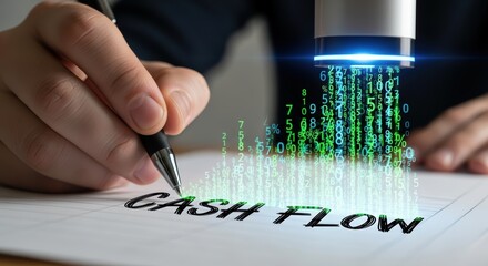 Cash and finance drive business growth through data analytics technology and futuristic hologram visuals