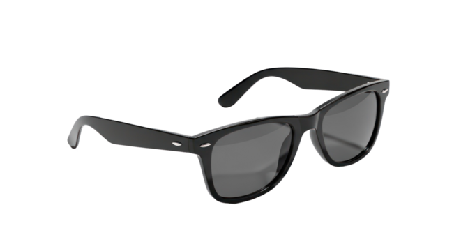 Black sunglasses with gray lenses on a white background.