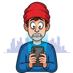 스마트폰 중독, 놀란 표정, 감정 표현, 디지털 피로, 화면 빛, 모바일 스트레스, 과도한 사용, SNS 중독, 스마트폰 과몰입, 디지털 라이프, 스마트폰 사용자, 청년 캐릭터, 카툰 일러스트, 단순 배경, 편집 가능한 이미지, 감정 중심 그림, 스마트폰 의존, 기술 중독, 화면 시간, 정신 건강, 디지털 번아웃, 모바일 불안, 스마트폰 공포, mobile