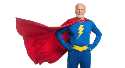 An elderly man in a superhero costume with a red cape and blue suit with a lightning bolt symbol on it.
