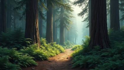 Naklejka premium Illustration of path through old growth forest with giant redwood trees, ferns. Sunlight filters through tree canopy into woods. Nature artwork for ecological projects nature conservation articles