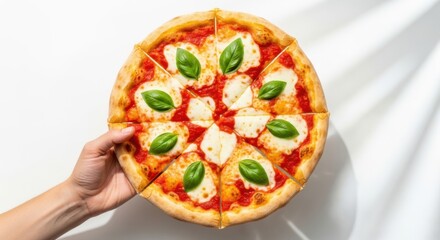 Hand holding a freshly baked margherita pizza with basil and mozzarella cheese